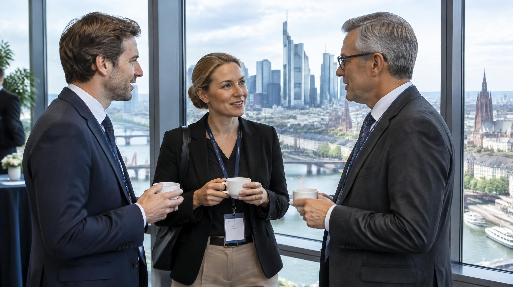 Executives having coffee and conversation during a conference break