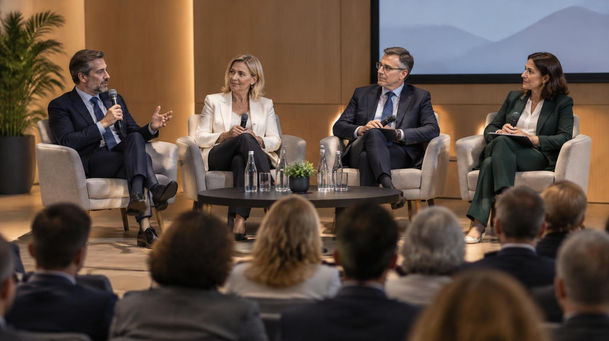 Panel of speakers discussing in front of a seated audience
