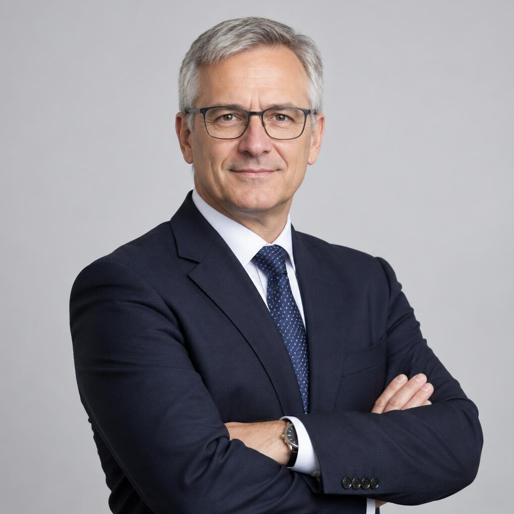 Studio portrait of a European businessman in his 50s wearing glasses