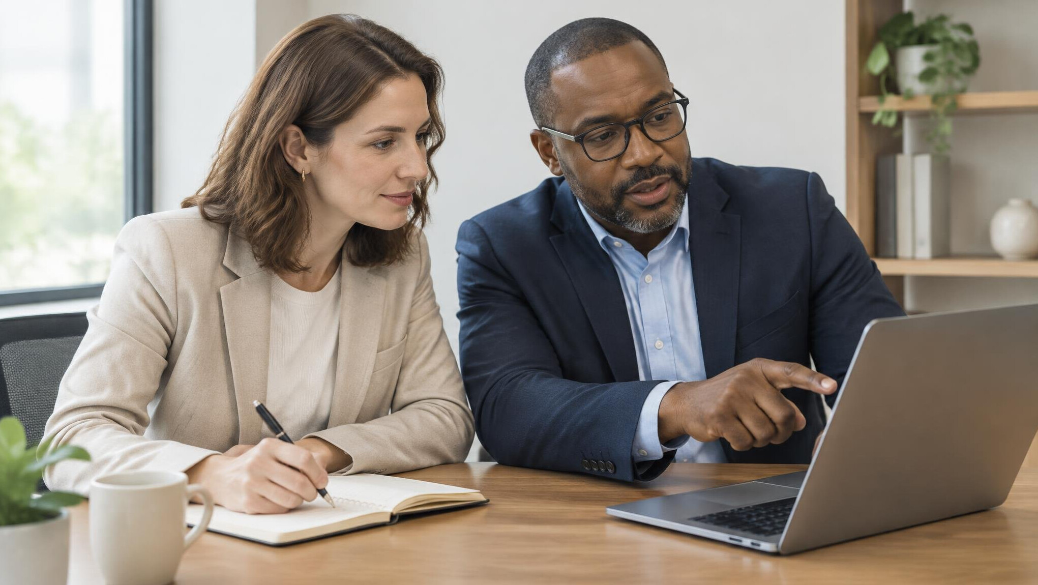 Two professionals discussing notes with a laptop on a desk