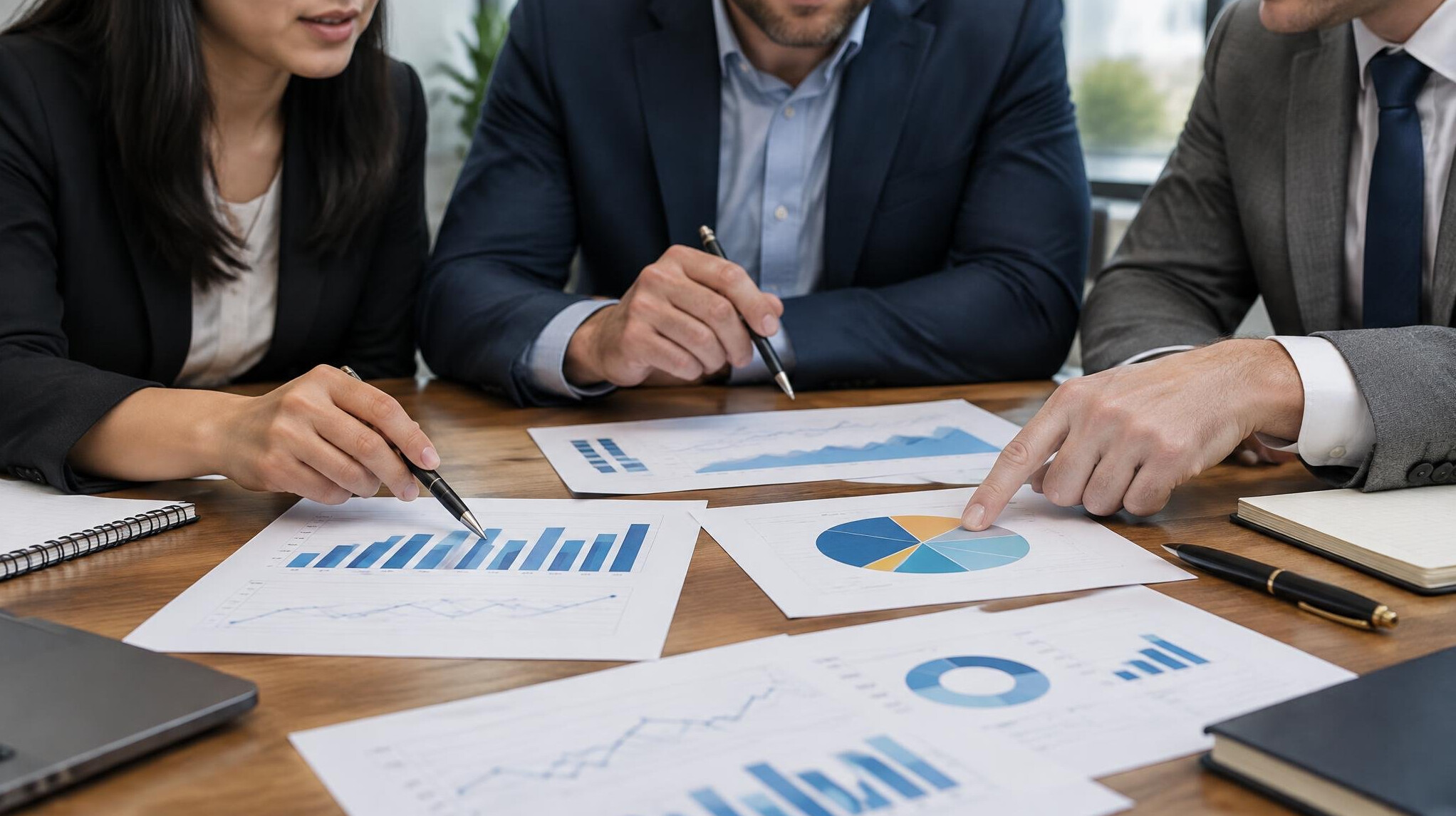 Business professionals reviewing strategy documents and charts on a table