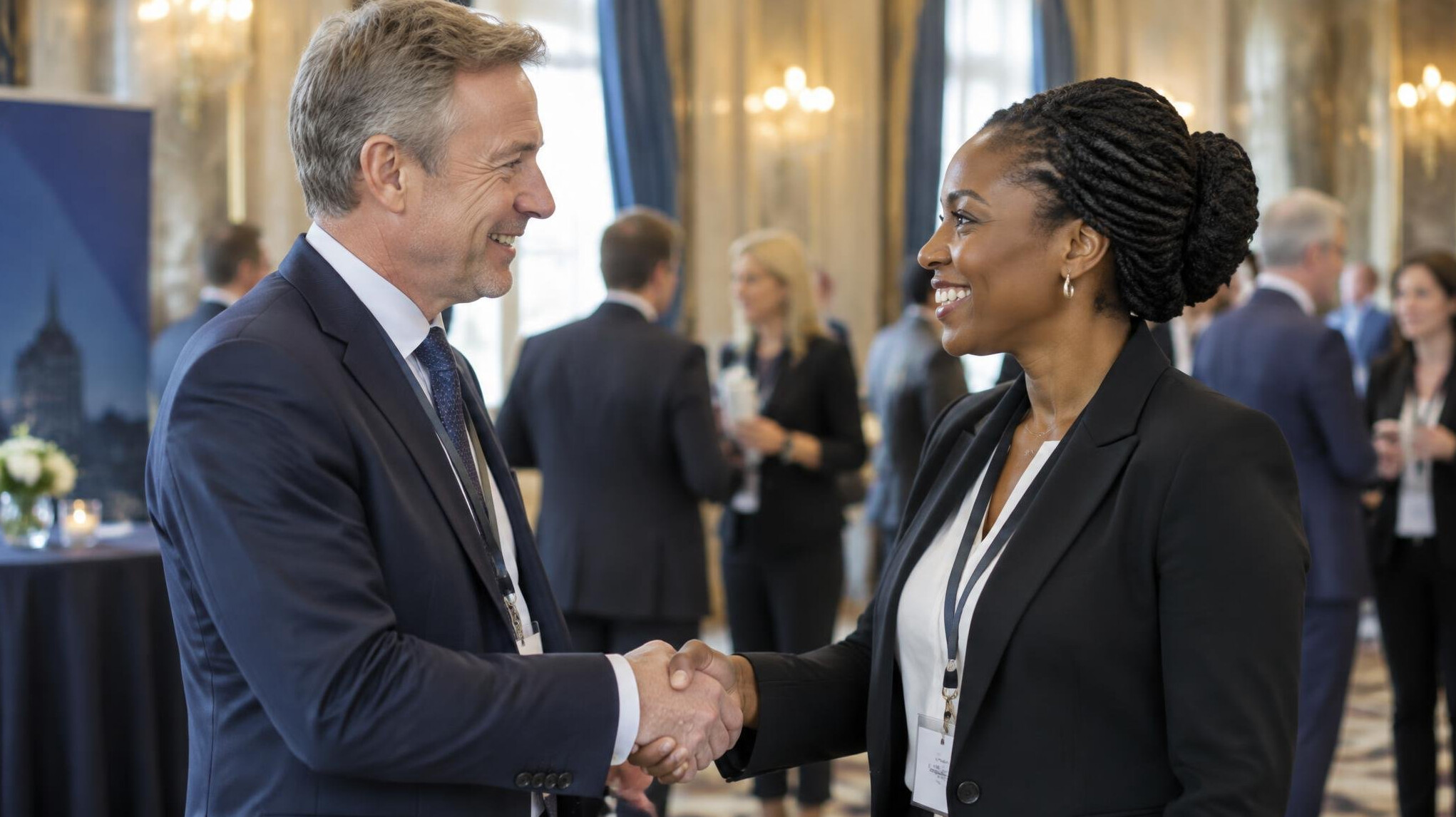 Business leaders networking and shaking hands after a conference